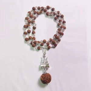 5 Mukhi Silver Rudraksha Mala - with Natural Gauri-Shankar Rudraksha Pendant