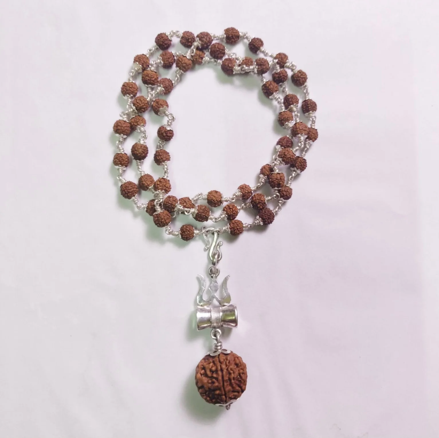 5 Mukhi Silver Rudraksha Mala - with Natural Gauri-Shankar Rudraksha Pendant